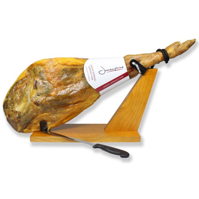 Serrano Ham Bone in from Spain 15-17 lb + Ham Stand + Knife | Cured Spanish Jamon Made with Mediterranean Sea Salt & NO Nitrates or Nitrites