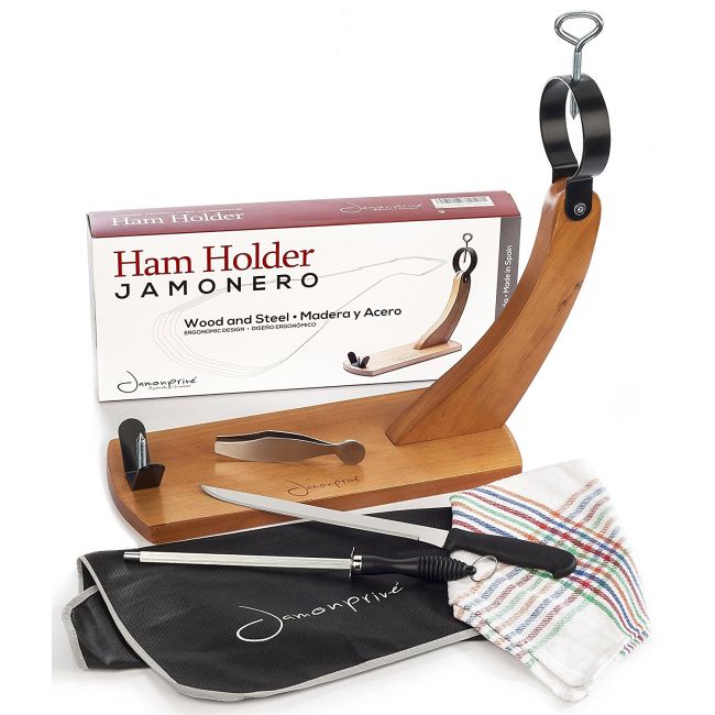 Ham Stand Spain + Knife + Sharpening Steel + Ham Cover + Kitchen Cloth + Tongs | The Original Ham Holder for Spanish Hams and Italian Prosciutto