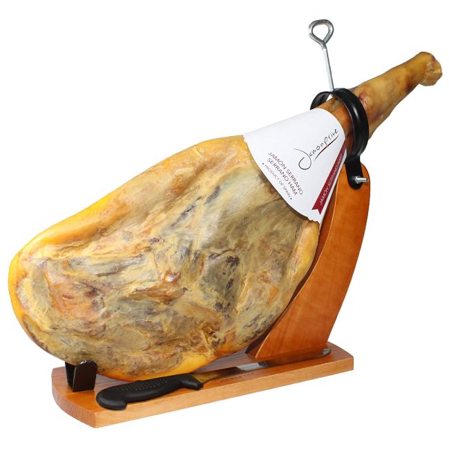 Serrano Ham Bone in from Spain 15-17 lb + Ham Stand + Knife | Cured Spanish Jamon Made with NO Nitrates or Nitrites