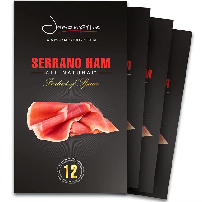 Spanish Serrano Ham Sliced Dry-Cured (12oz) - Spanish Jamon Serrano with NO Nitrates or Nitrites all Natural, GMO Free and Gluten Free - Jamonprive (3 oz Each, Pack of 4 Units)