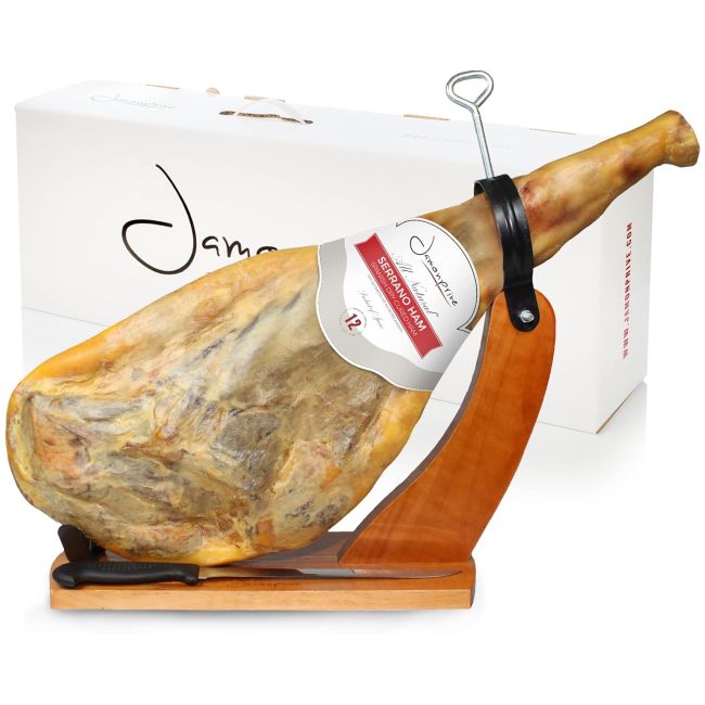 Spanish Serrano Ham Bone in from Spain 14-17 lb with Holder & Knife - All Natural, No Nitrates - Perfect for Tapas, Charcuterie, Parties & Family Gatherings – Ideal for Food Lovers & Gourmet Enthusiasts - Jamon Serrano - Spanish Ham